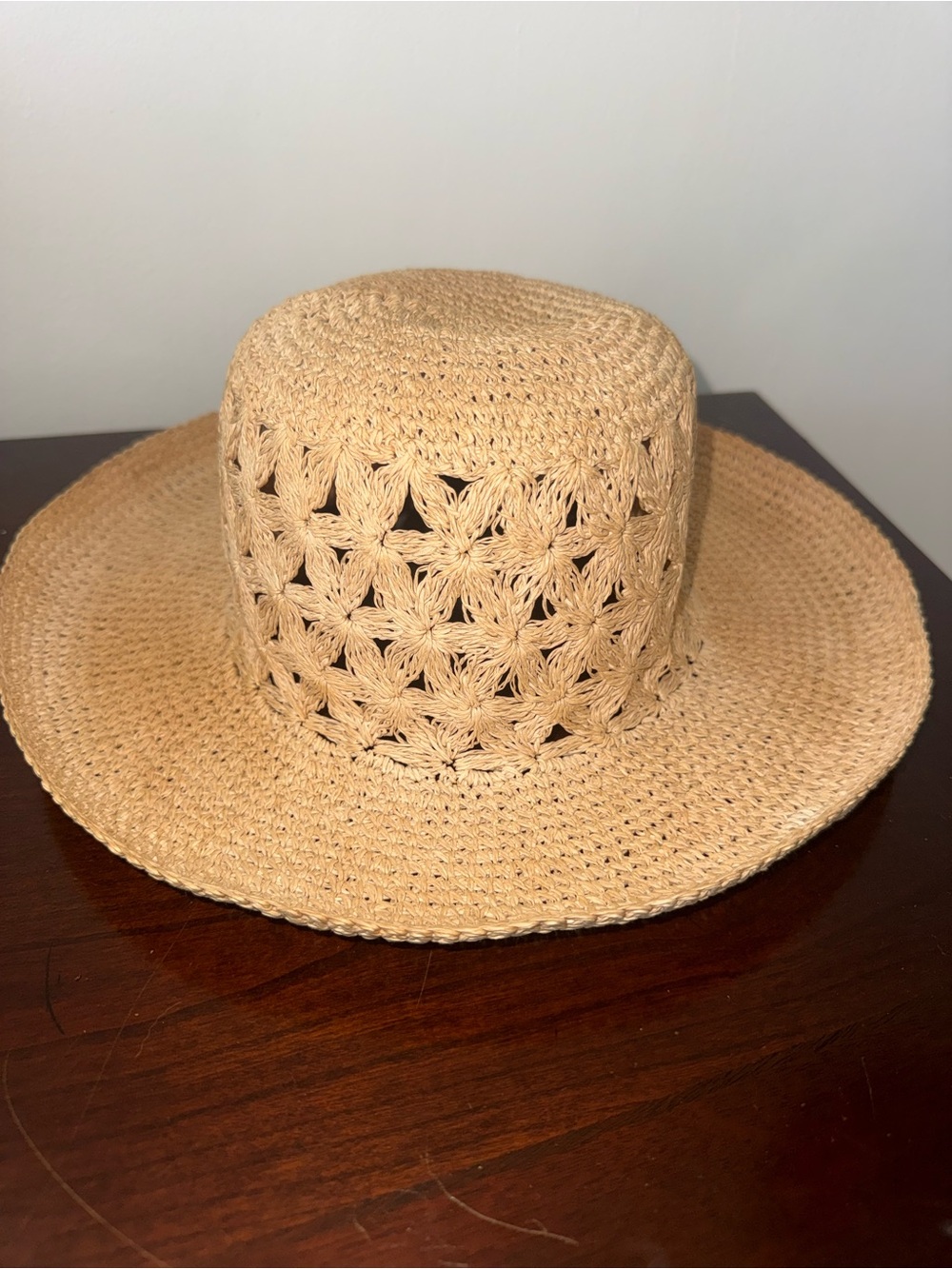 Women’s Beige Straw Crochet Sun Hat Wide Brim Solid One Size Spring Summer